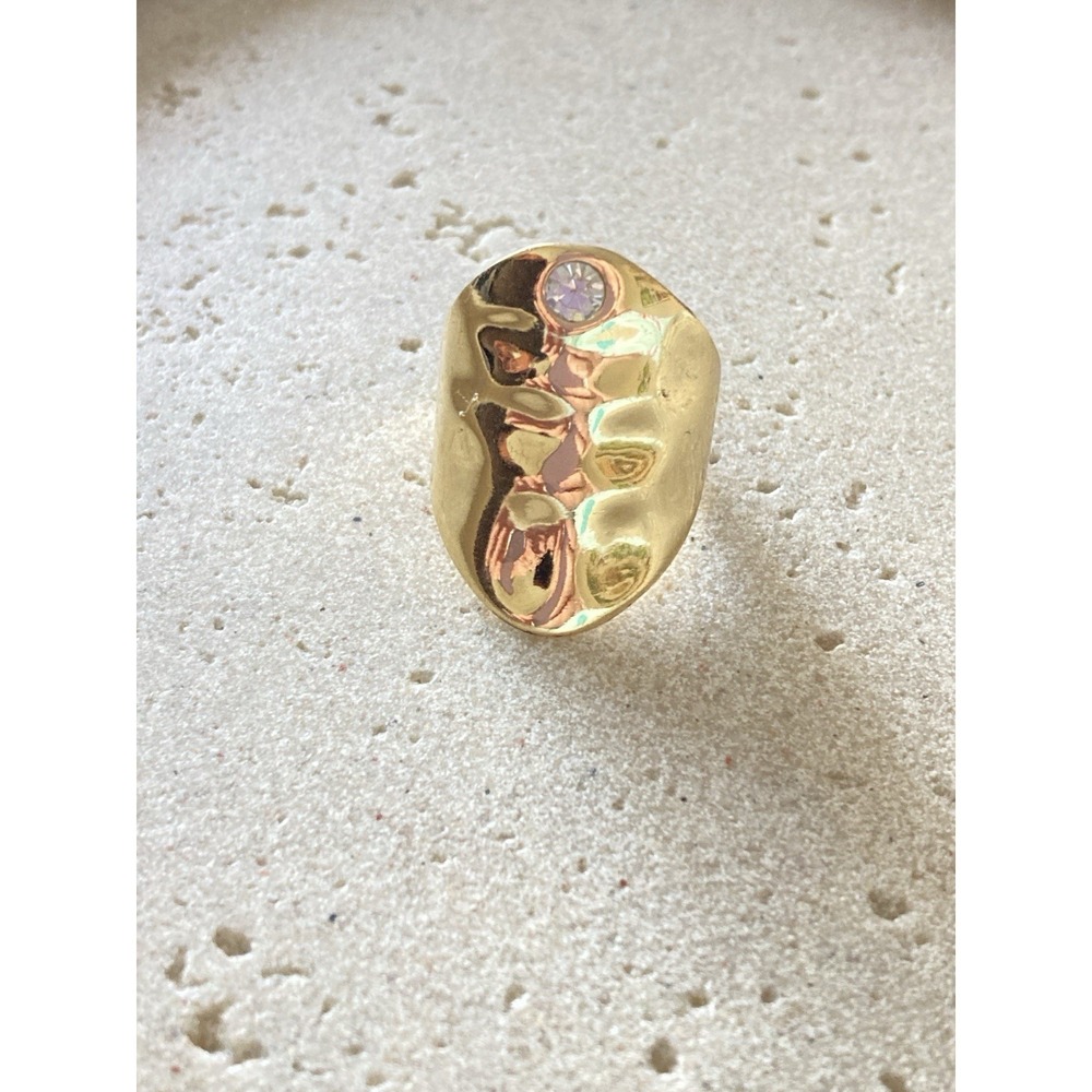 Brutalist Gold Tone Signet Ring Hammered Statement Ring Bezel Set Rhinestone